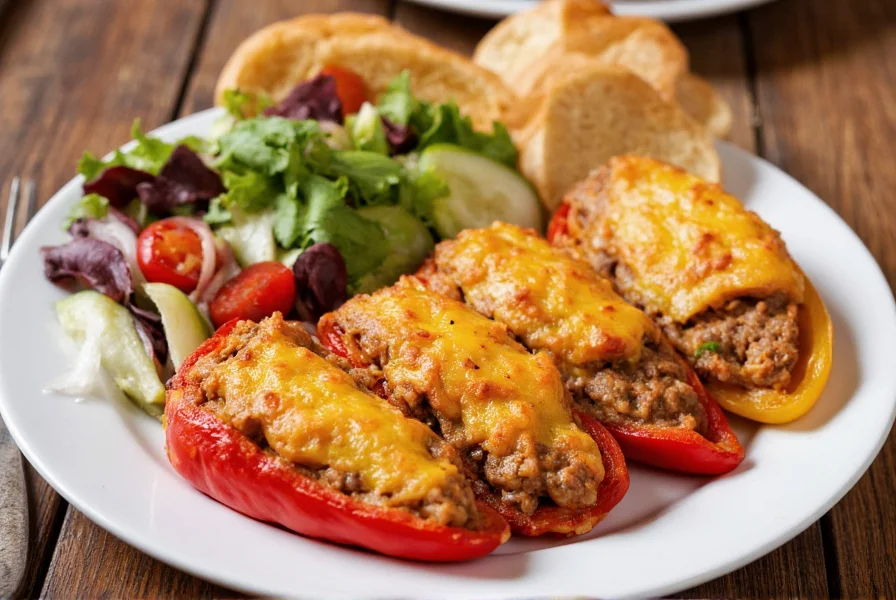 Plated stuffed banana peppers served with side salad and garlic bread on rustic wooden table