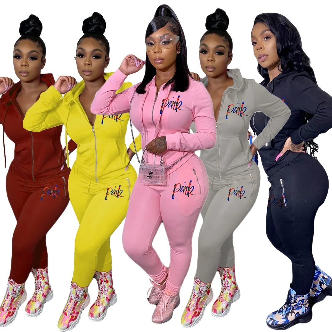 

Logo pink set solid color Outfits spring Women's jogging Tracksuit Hooded And Pants Sport Suit Winter zipper 2 PCS pants set