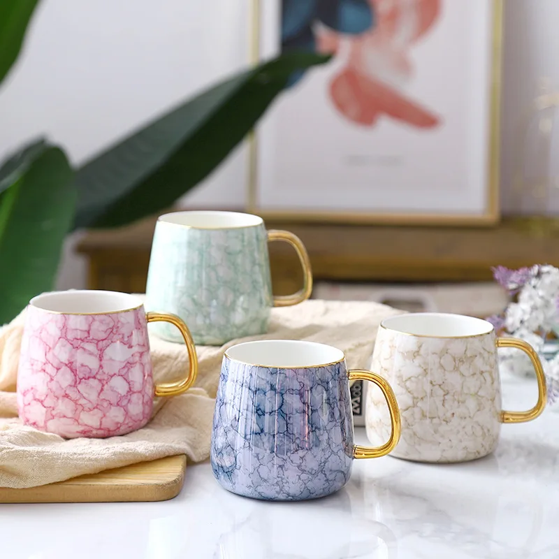 

Gold Handle Ceramics Marble Coffee Mugs Porcelain Milk Tea Cup With Gold Rim, Pink/green/blue/yellow