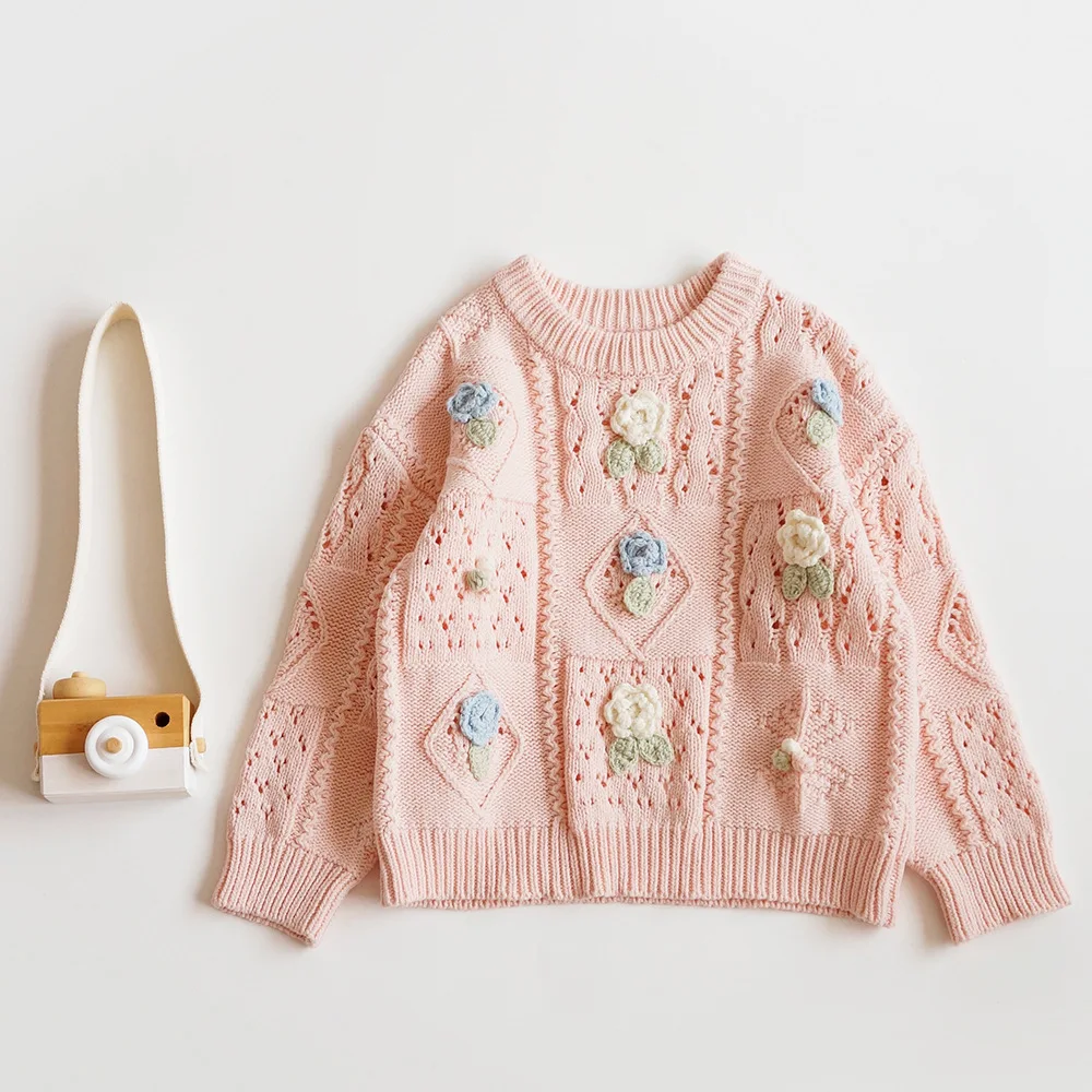 

spring autumn little toddler baby girls sweater pullover knitted flower clothing pink beige casual outfit 9111043