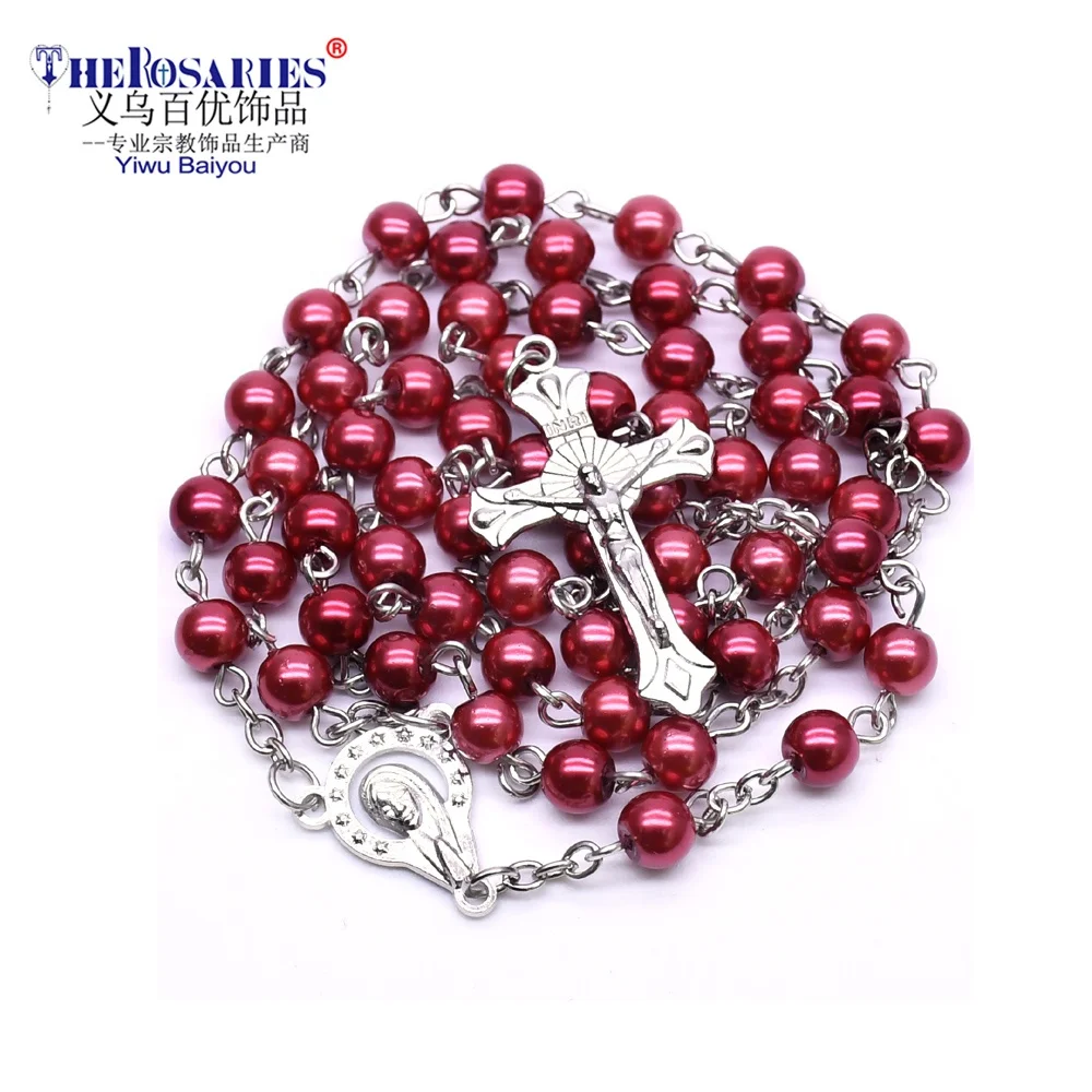 

Pearl Rosary Red Beads Cross Holy Scripture Rosario Necklace Catholic Religious Promotion, Red/blue/pink/pearl