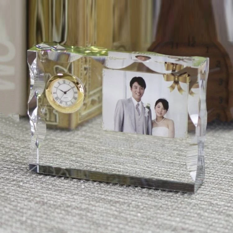 

Wholesale K9 Crystal Glass Clock personalized Custom Logo Engraved crystal photo frame For Wedding Souvenirs Gifts Guests