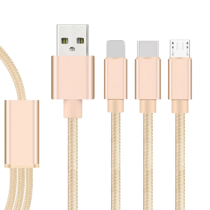 

2A Nylon Braided 3 in 1 Fast Charging USB Cable 1.2M Multiple USB Phone Charger For iphone android type C, Silver/gold/rose gold/black/red