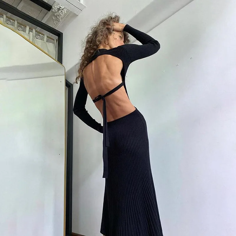 

2020 new arrivals autumn collection long sleeve women sexy backless design casual ribbed dresses for ladies