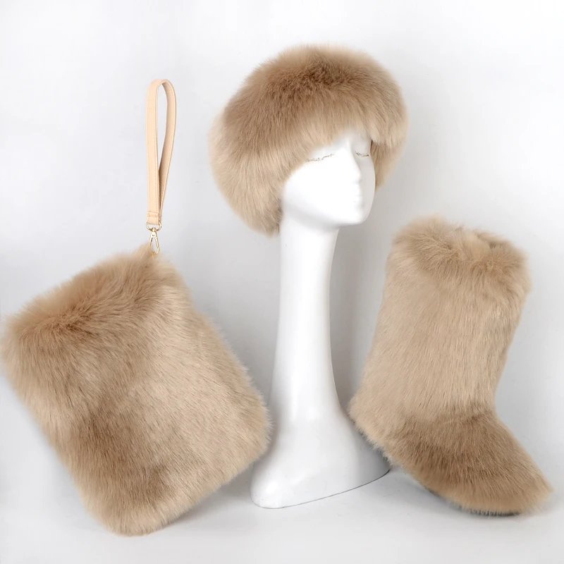 

new arrive bag sets winter boots women shoes fur headband ladies faux fur boots matching fur purse furry boots for women