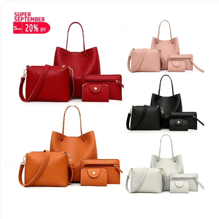 

Designer Large Capacity Lichee Print 4 Piece Suit Women Leather cheap Handbags pu leather purses and handbag sets, 5colors