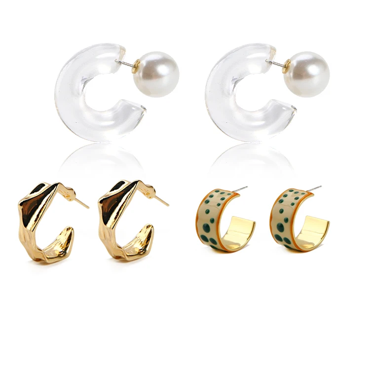 

3 Paris a set retro transparent acrylic geometry leopard dual purpose pearl cuff hoop earrings, As the pictures