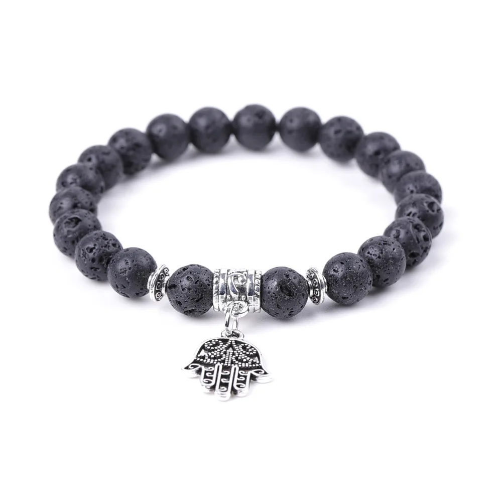 

High Quality 8mm Natural Lava Stone Beads Silver Hamsa Hand Charm Pendant Evil Eye Diffuser Bracelet
