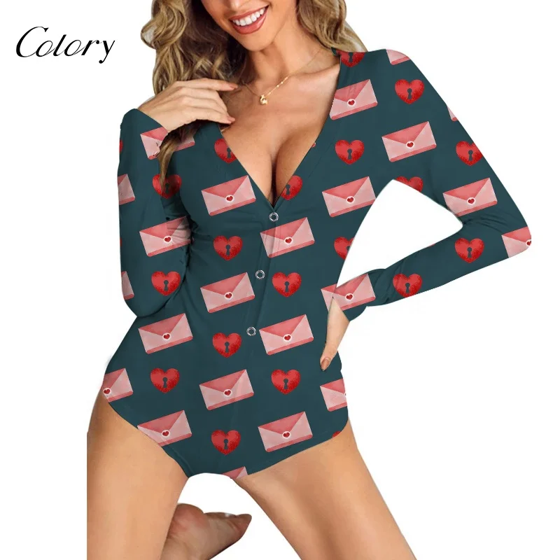 

Colory 2021 New Design Logo Valentines Custom Print Onesie With Butt Flap For Women, Customized color