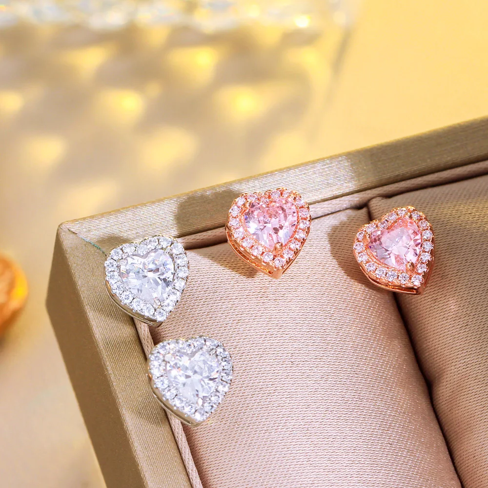 Fashion Gifts Women Pink Cubic Zircon Crystal Small Love Heart Shape Stud Earrings for Bridesmaid Party Walentines Day Jewelry
