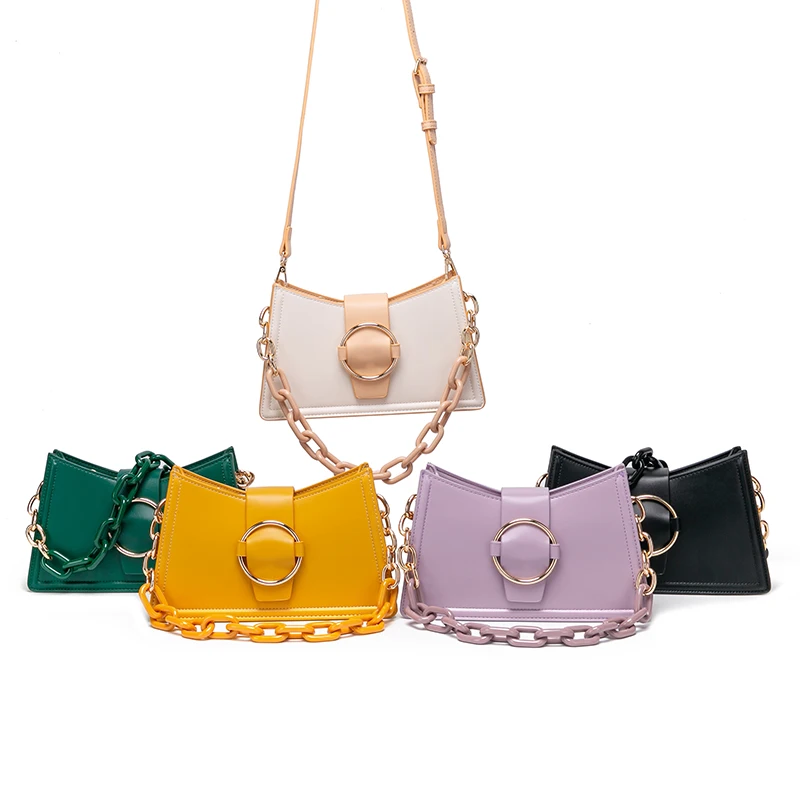 

Wholesale Retro Women Armpit Bag 2021 Designer Pu Leather Resin Chain Handbags For Women, Purple,white,yellow,black,green or customized color