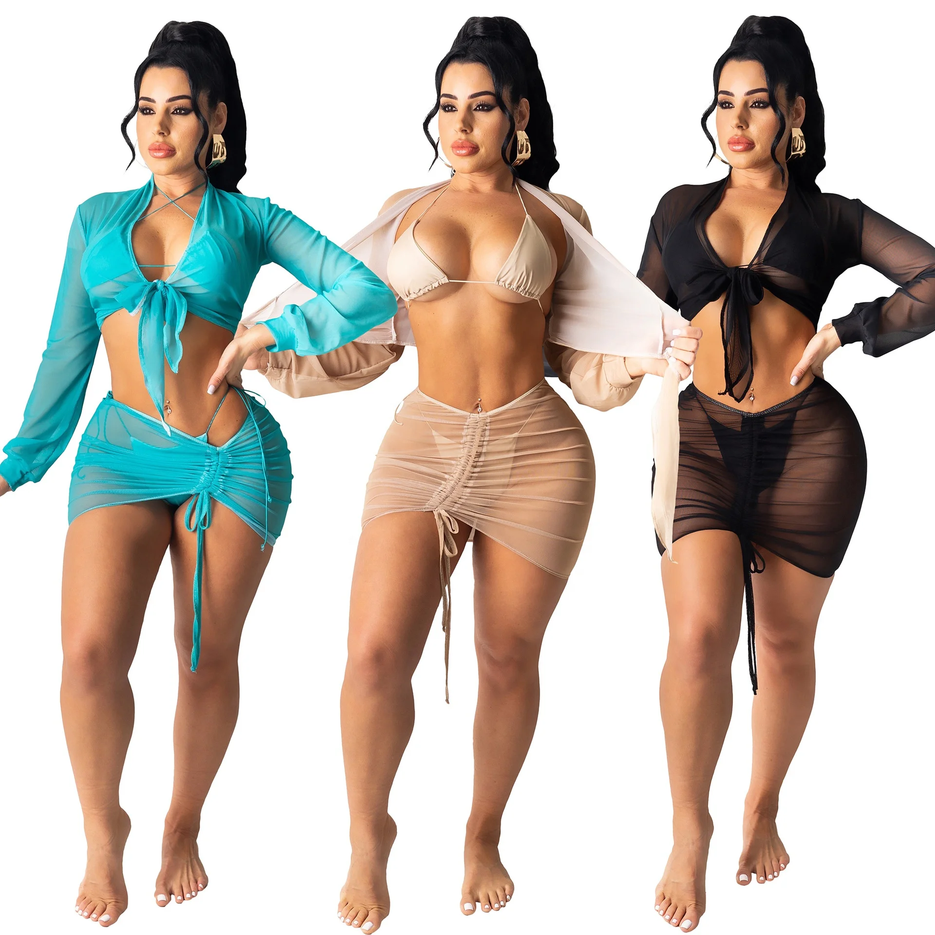 

2021 Spring And Summer New Beach Sunscreen Shirt Women'S Shirt Mesh Suit 2 Piece Set Women Clothing