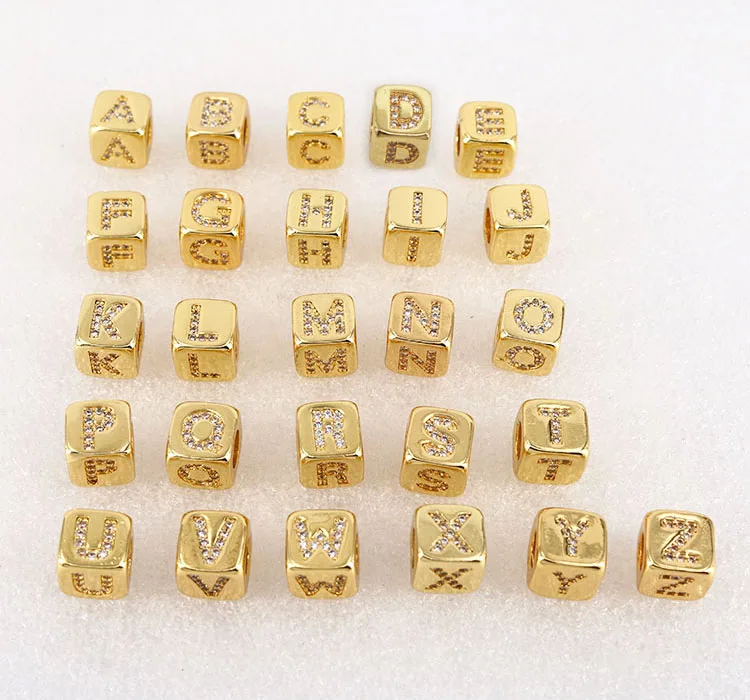 

CZ7959 Fashion Big Hole Diamond CZ Micro pave alphabet Letter Initial Cube BOX Jewelry Beads, Gold