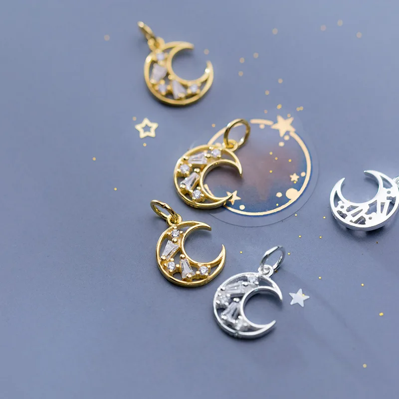 

Delicate Pendant 925 Sterling Silver Gold Plated Inlaid Zircon Hollow Moon Charm for Jewelry Necklace Bracelet Accessories