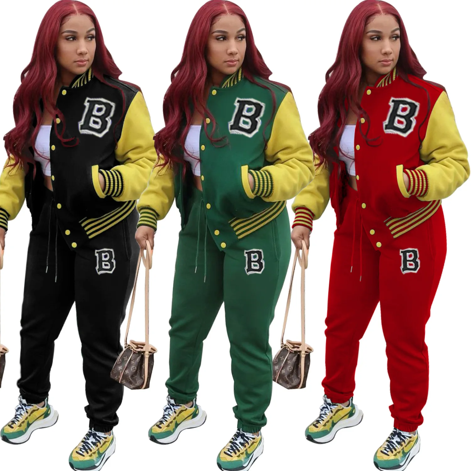 

2021 Hot Sale Print Letter Baseball Jacket 2 Piece Pants Set Women Jogger Sweatsuit Patchwork Baseball Uniform