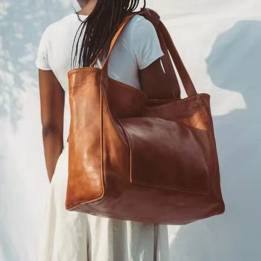 

2021 Wholesale High Quality Big Shoulder Hand Bags Ladies Soft Leather Travel Weekend Duffle Vintage Oversize Shopping Tote Bag