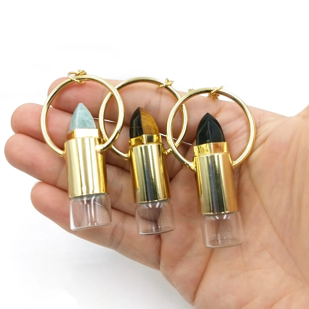 

Natural gemstone crystal Roller ball perfume bottle pendant Essential Oil charm Bronze plated hexagon prism spiritual Necklace, Multi