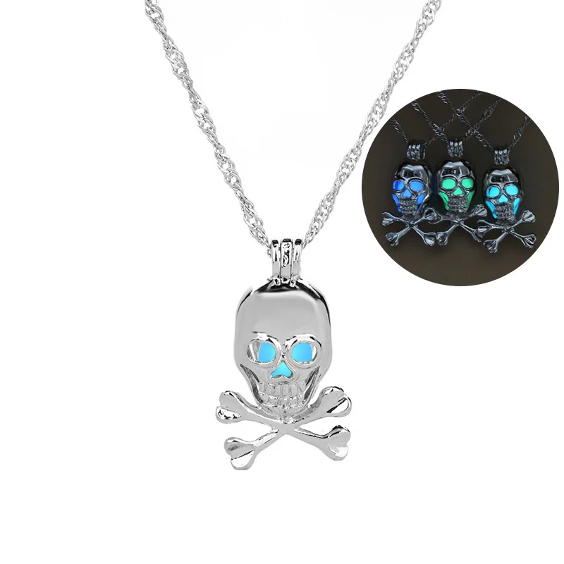 

3 Colors Glow In Dark Skull Cage Locket Pendant Necklace For Women Men Fluorescent Luminous Jewelry Halloween Gift