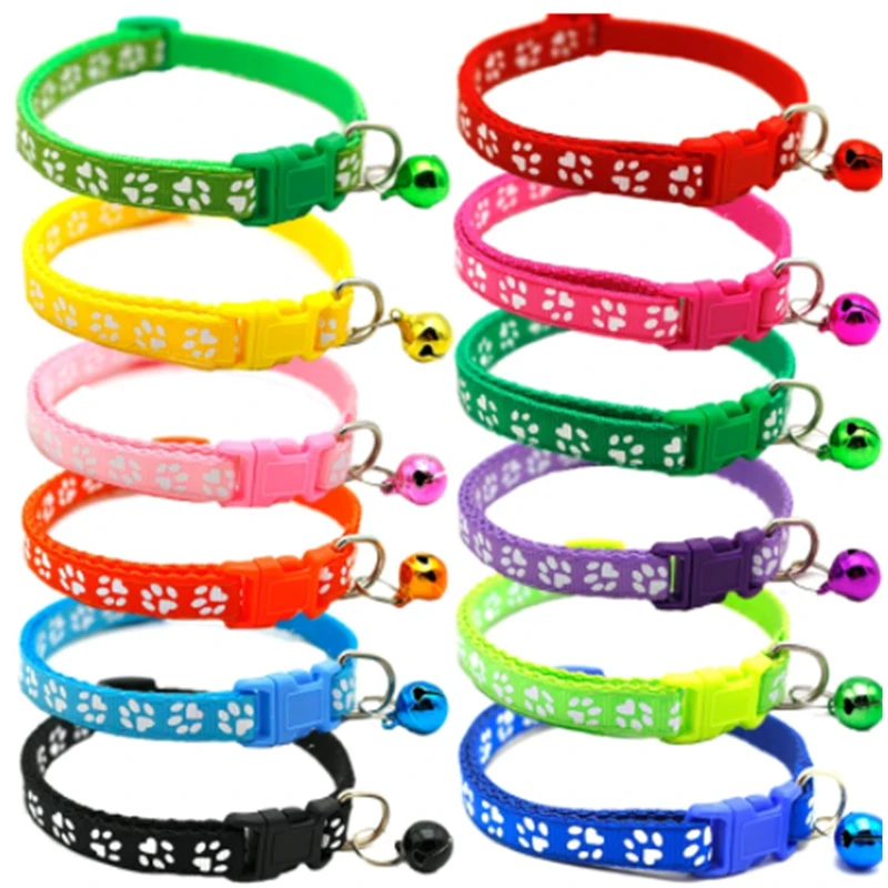 

Manufacturer Wholesale Multi-colors Paw Print Adjustable Nylon Cat Dog Collar With Bell, Blue,red,black,orange,yellow,purple or customized color