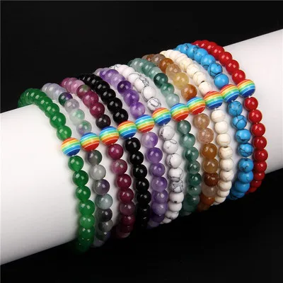 

Classic 6mm Beads Bracelet Natural Stone Beaded Bracelets Stretch Colorful LGBT Pride Bracelet for Men Women, Picture shows