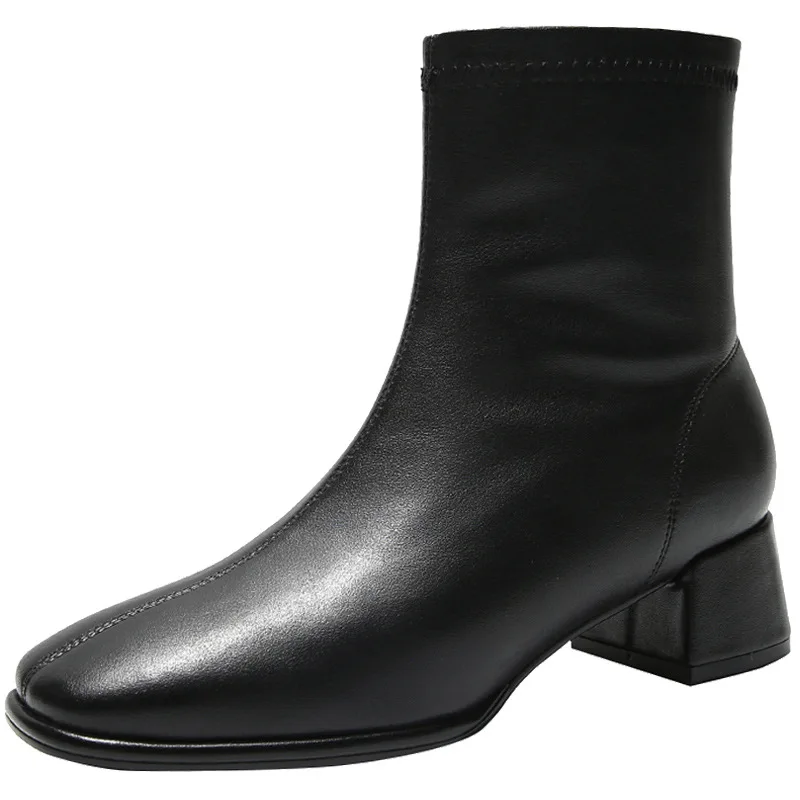 

Amazon AliExpress Hot Selling Simple Ladies Boots Solid Color Thick Heel Square Zipper Women Boots 2020