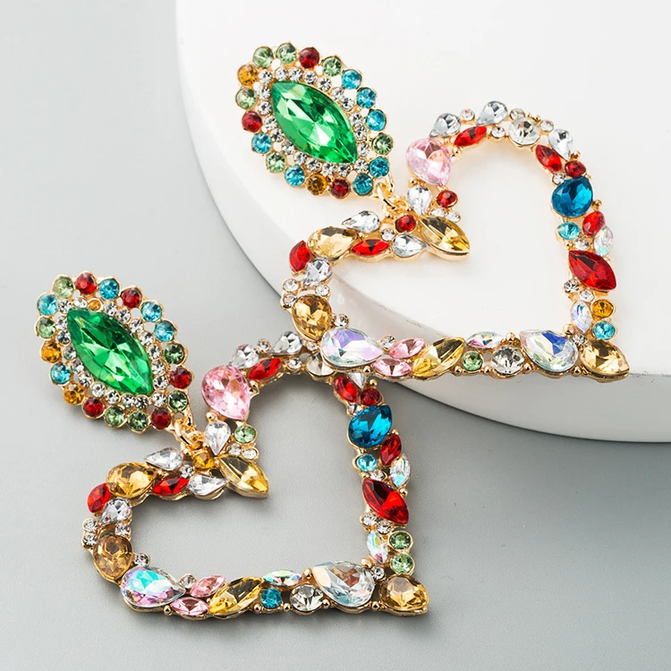 

Hot Sale Fashion Heart-Shaped Alloy Colorful Diamond Hoop Earrings Jewelry Of Bling Earrings For Women, As shown in the figure