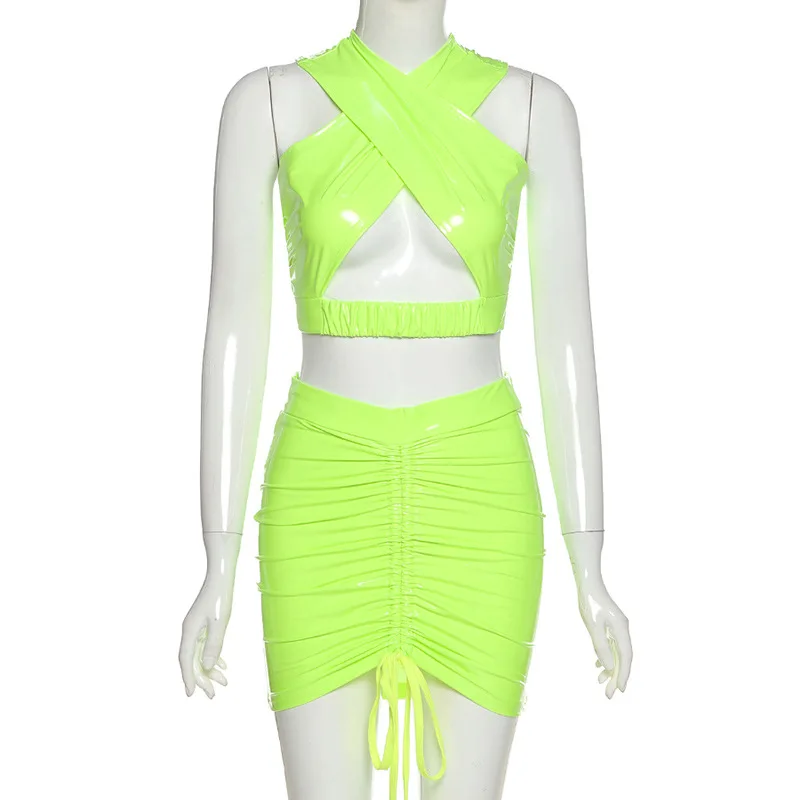 

Summer 2021 Hollow Out Halter Sleeveless Tank Tops And Stacked Skirt PU Leather Two Piece Sets, Picture shows