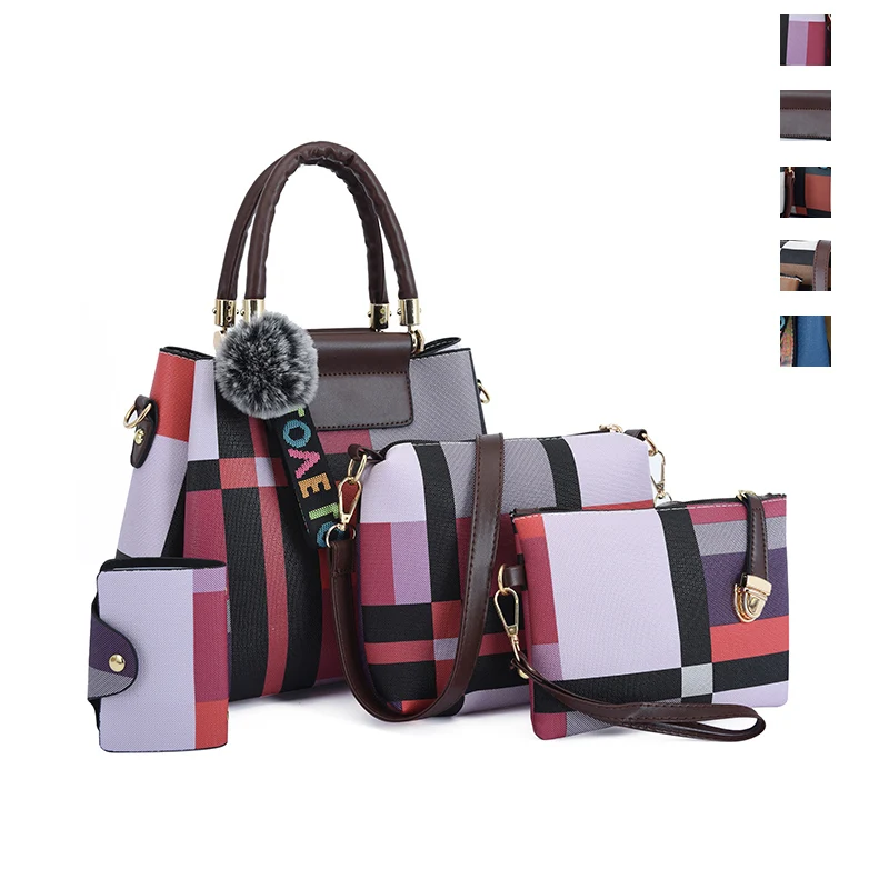 

Wholesale elegance plaid unique design 4 in 1 ladies hand bags sets women purses handbags set