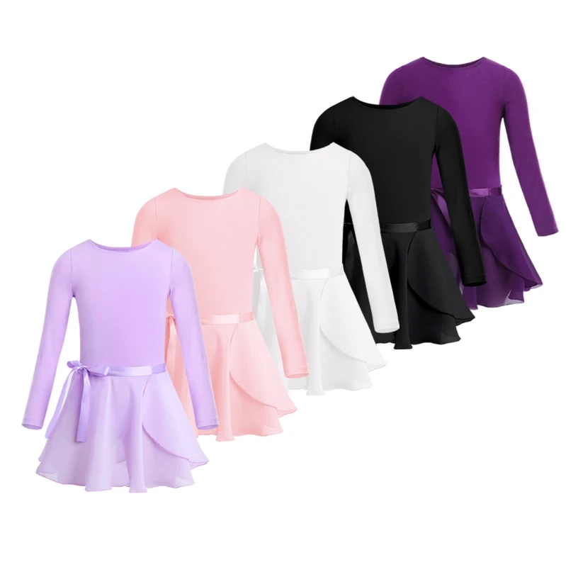 

In Stock Girls Ballet Dance Dress Set Long Sleeves Cotton Leotard And Skirt Dancewear Gymnastic Performance Outfit