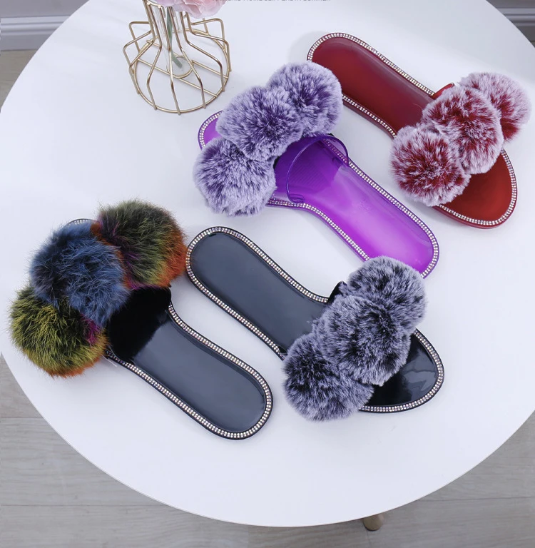 

Sexy pom pom fur ball jelly pvc diamond sourrounding slippers colorful open toe, Yellow/black/navy/fuchsia