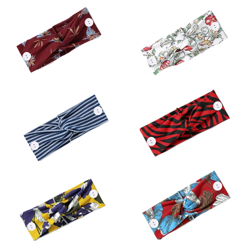

Fashion 6 Mix Styles Elastic Print Personalized Headband With Buttons Colorful Hairband For Girls Women, Mix colors