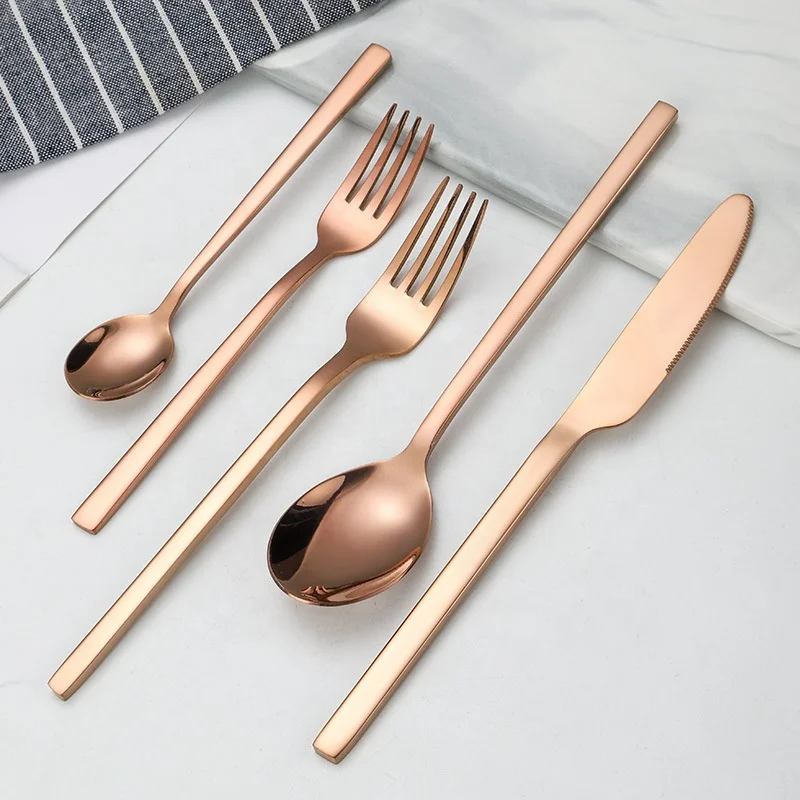 

Luxury Wedding Rose Gold Cutlery Set Stainless Steel Square Handle Mirror Knife Fork Spoon Flatware
