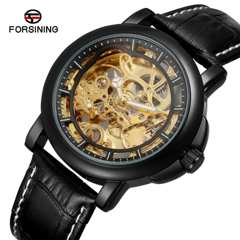 

Dropshipping FORSINING Brand Black Genuine Leather Strap Skeleton Flower Carving Golden Dial Man Business Automatich Watvh