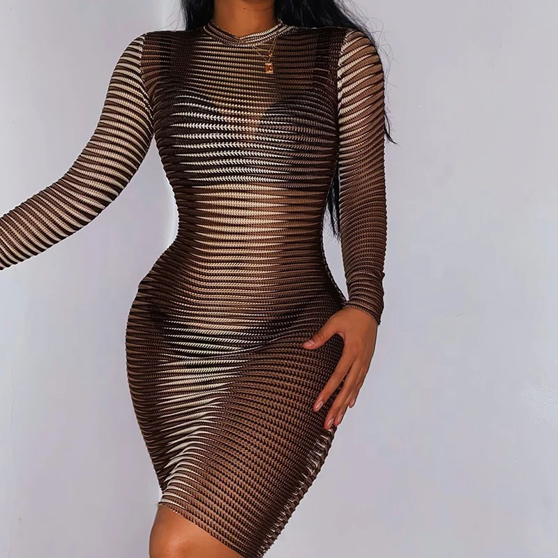 

wholesale fashionable street wear best price long sleeve pencil dress see through mixed color club dress sexy women mini dress