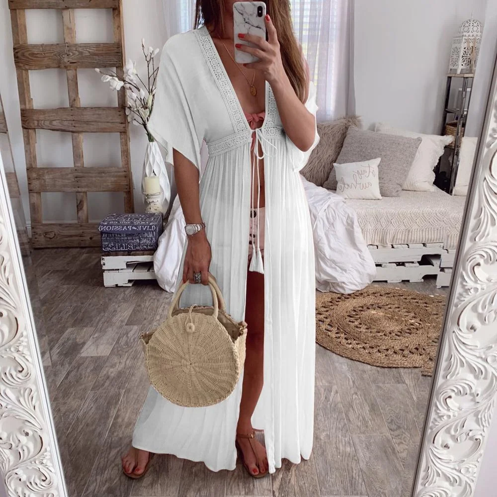 

2020 Lace-up Long Sleeve Swimwear Bikini Kimono Cover Up Beach Maxi Dress