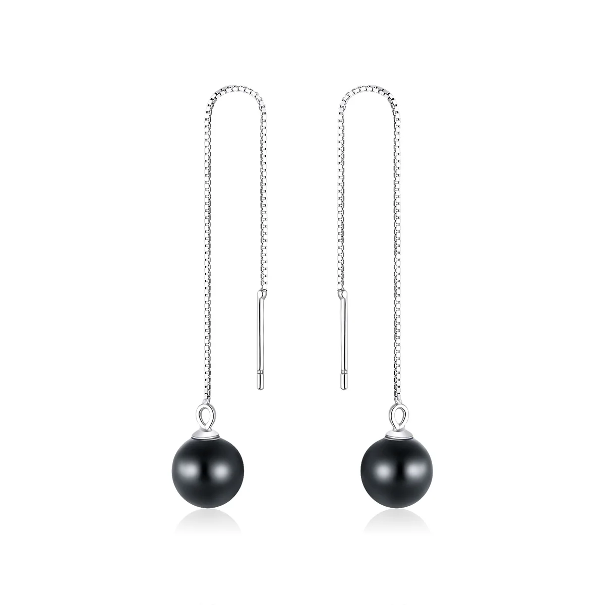 

Round Black Agate Stone Beads Long Chain Dangle Earrings