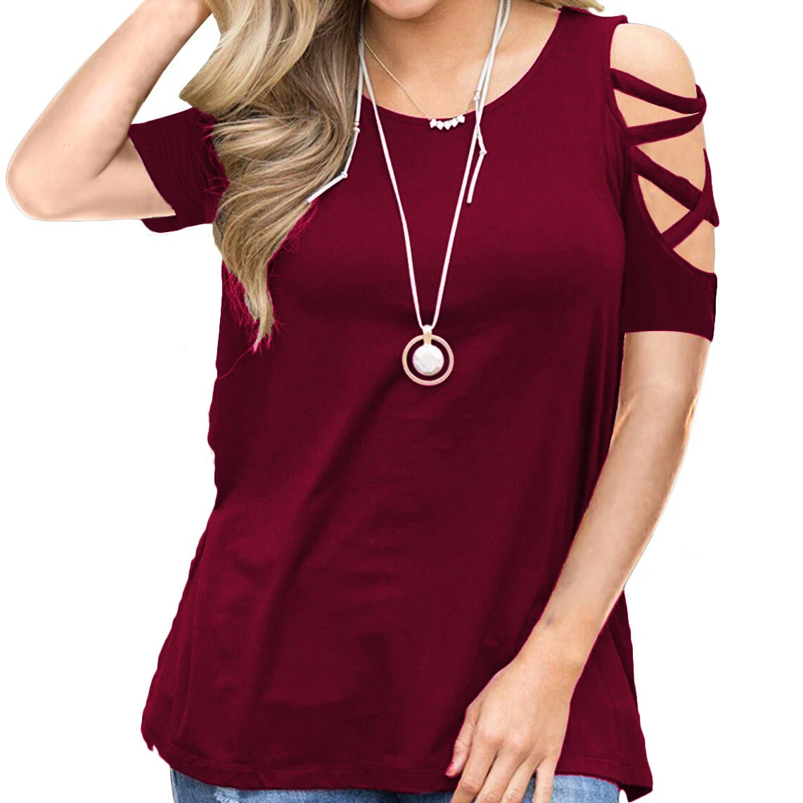 

Wholesale Amazon Hot Sexy Crew Neck Solid Color Casual Cross Short Sleeve Summer 2021 Casual t Shirt Women Tops, Shown