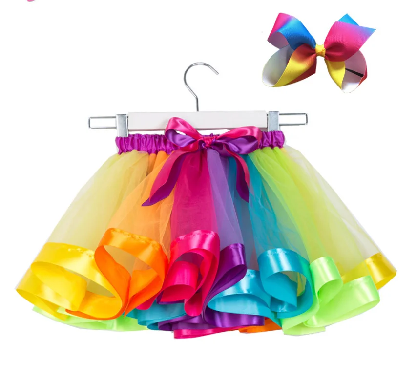 

Hot Sale Girls Rainbow Layered Tulle Tutu Skirt with Hair Bow