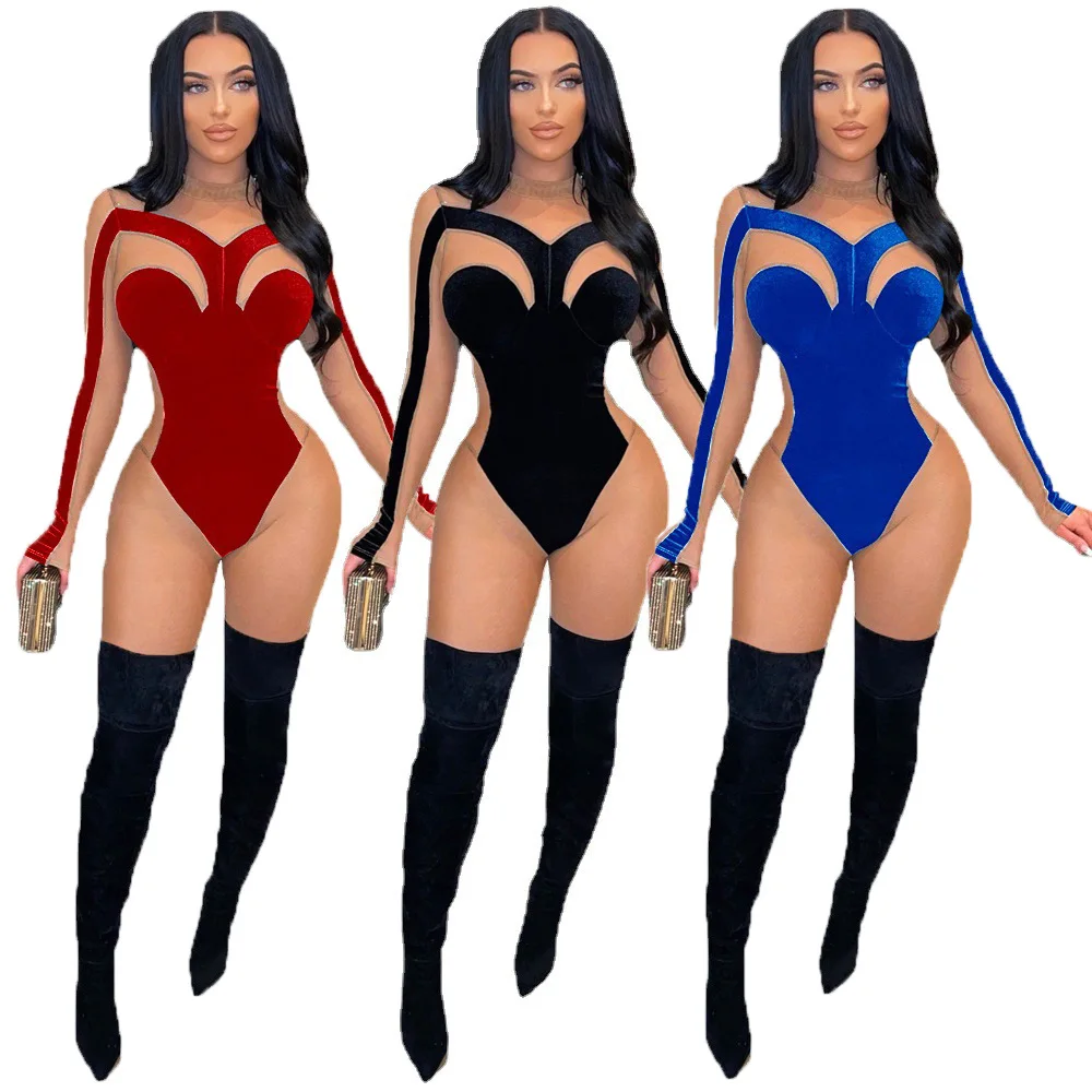 

2022 New Arrivals Sexy Velvet Mesh Jumpsuits Patchwork Long Sleeve Bodysuits For Women One Piece Jumpsuits