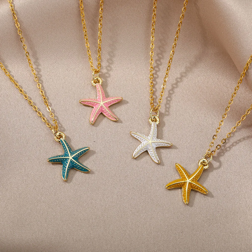 

Fashion Gold Colorful Starfish Metal Pendant Necklace Charming Women's Party Clavicle Chain Stainless Steel Jewelry Girl Gift