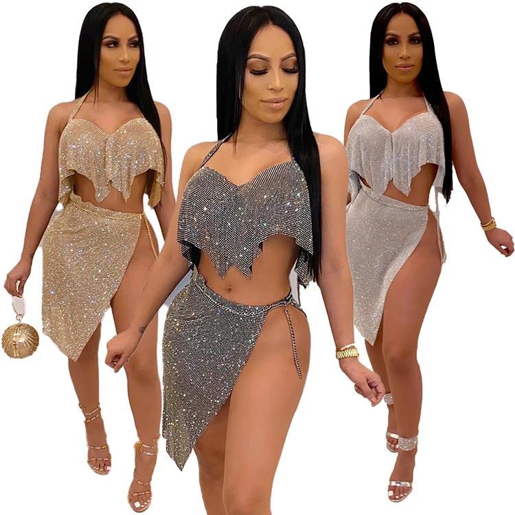 

Women halter neck night club 2 piece set glitter crop top bodycon mini skirt two piece set sequin dress bling skirt