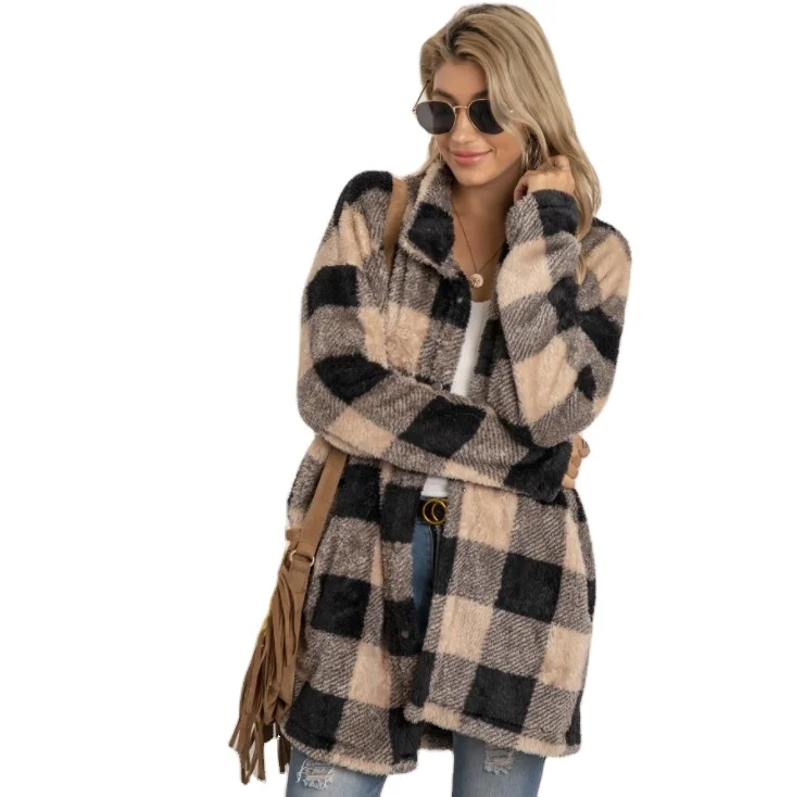 

Boutique Women Brown Plush Plaid Plus Size Mid-length Jacket Autumn Patchwork Overcoat, Picture showed