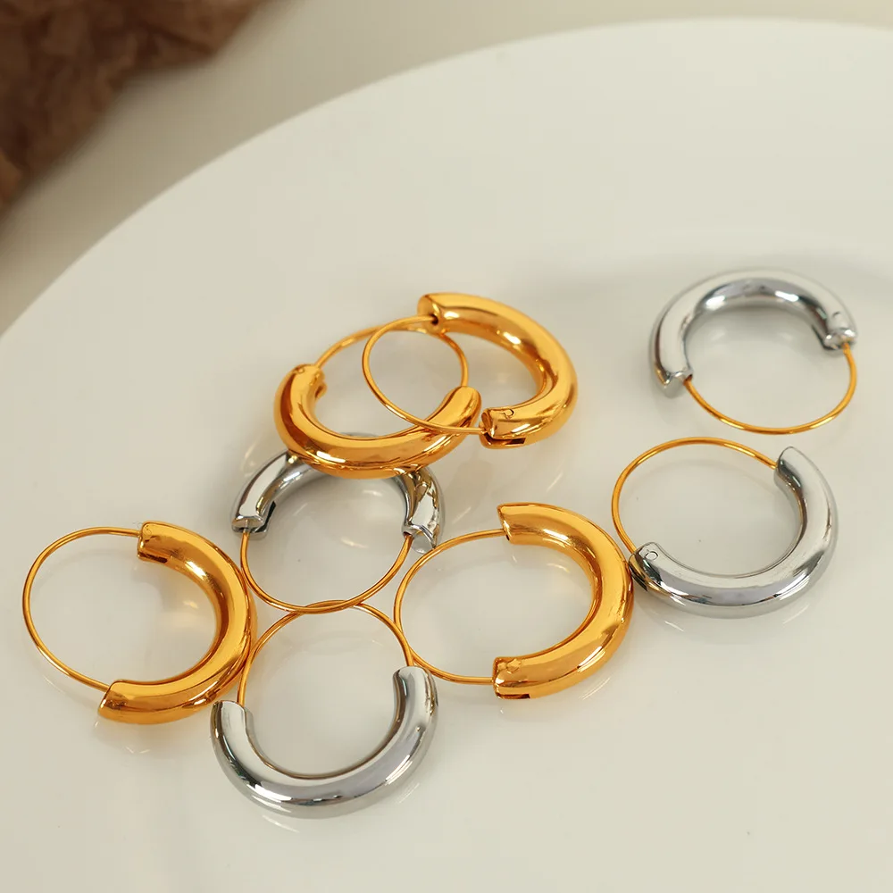 YF3819 Stainless Steel Waterproof Fashionable Women Jewelry 18k Gold Plated Geometric Semi Circular Two Stone Design Earrings