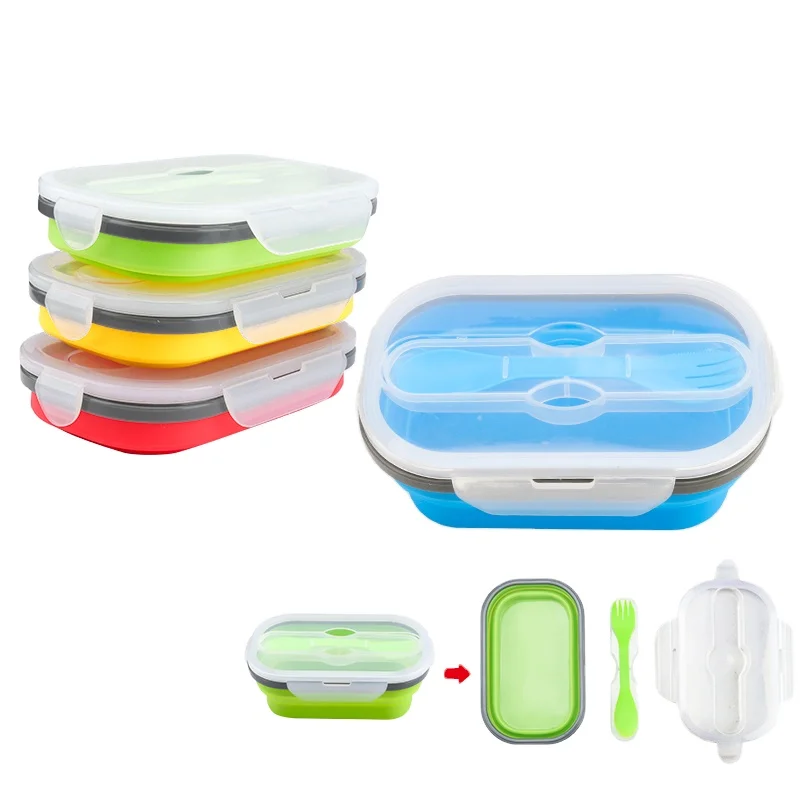 

New Designed Microwave Safe bento lunch box Collapsible Silicone Food Container With Spoon Fork Silicone folding Lunch Box, Red, blue, green and yellow or custom