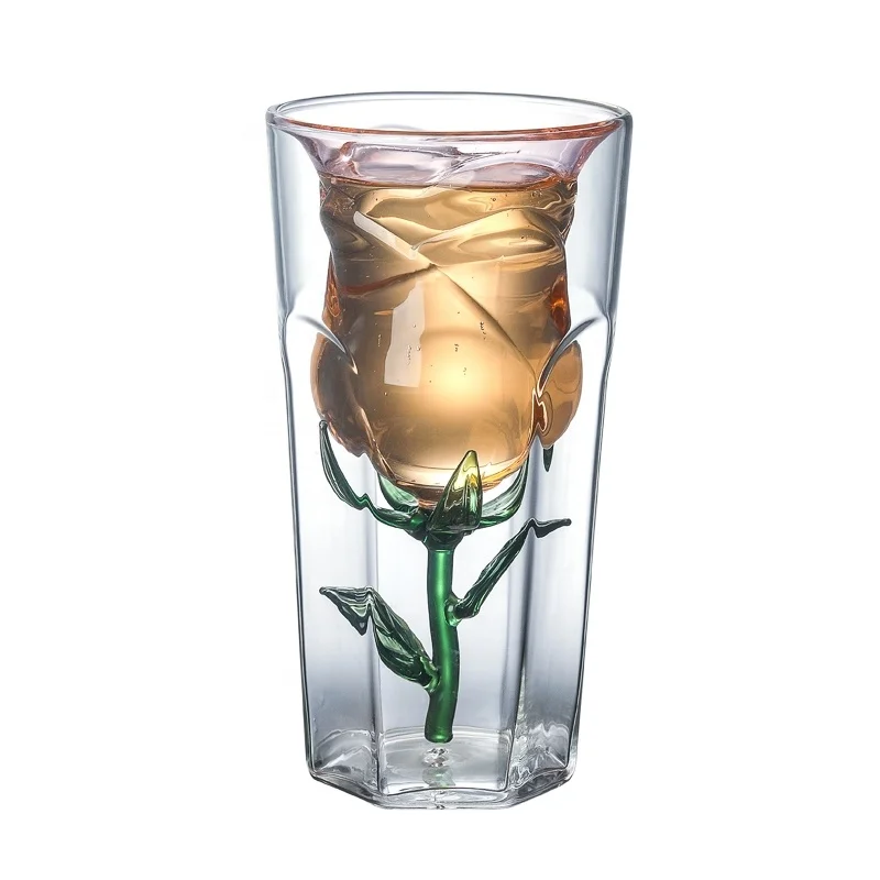 

New design high quality heat-resistant rose flower shape double wall high borosilicate wine glass for gifts, Clear