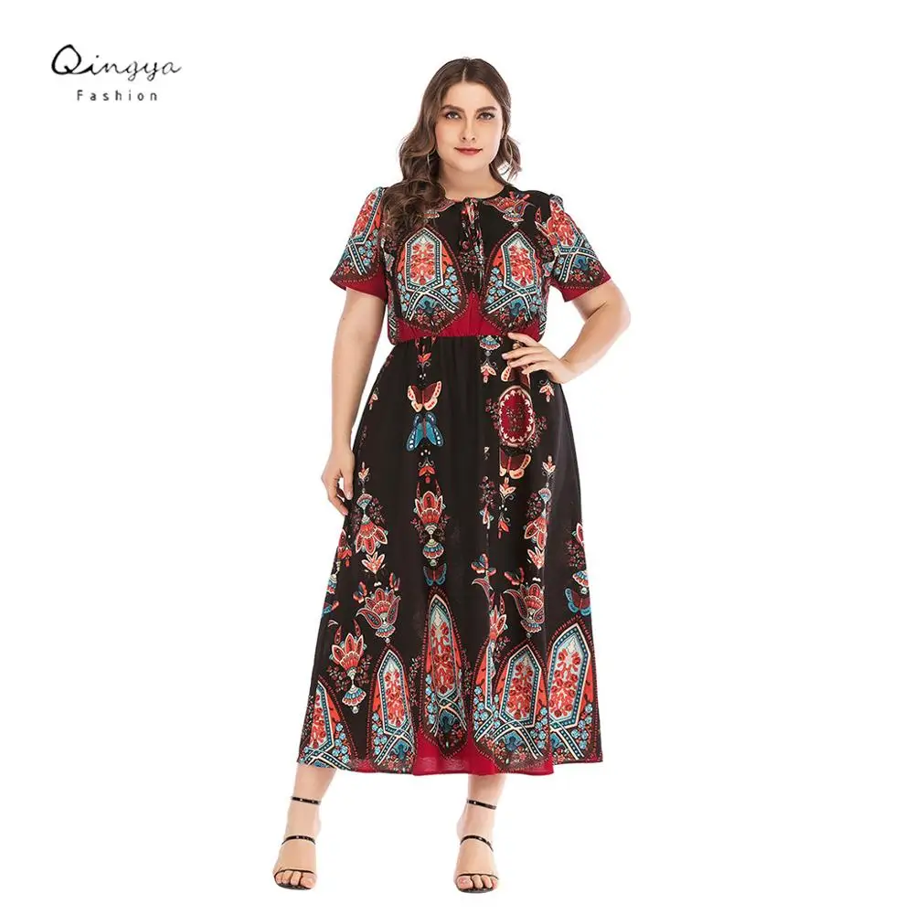 High Quality Plus Size Women Floral Chiffon Printed Bohemian Beach Maxi Clothing Dress