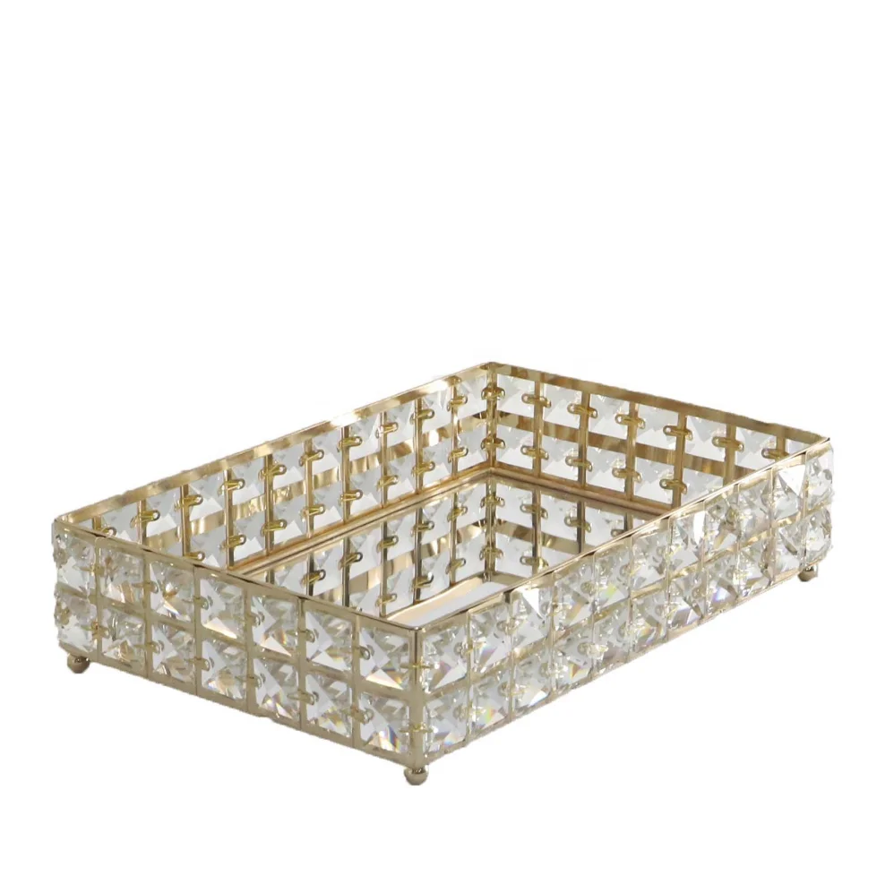 

Wholesale Cosmetics Home High-End Fruit Plate European Style Square Iron Art Crystal Beads Mirror Tray luxury Storage Tray, Gold,silver