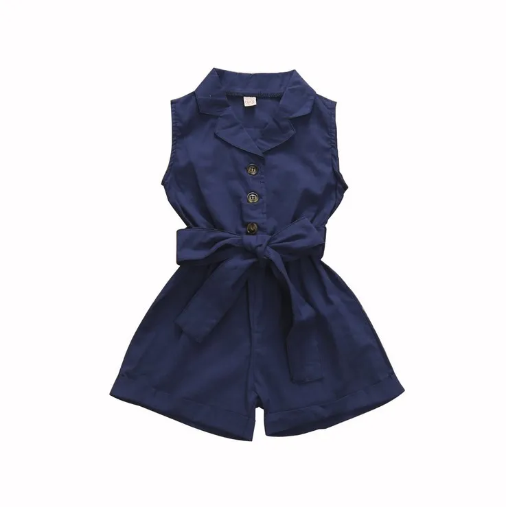 

Girls Pure Color Lapel Sleeveless Single-breasted Bodysuit With Belt Children Jumpsuit