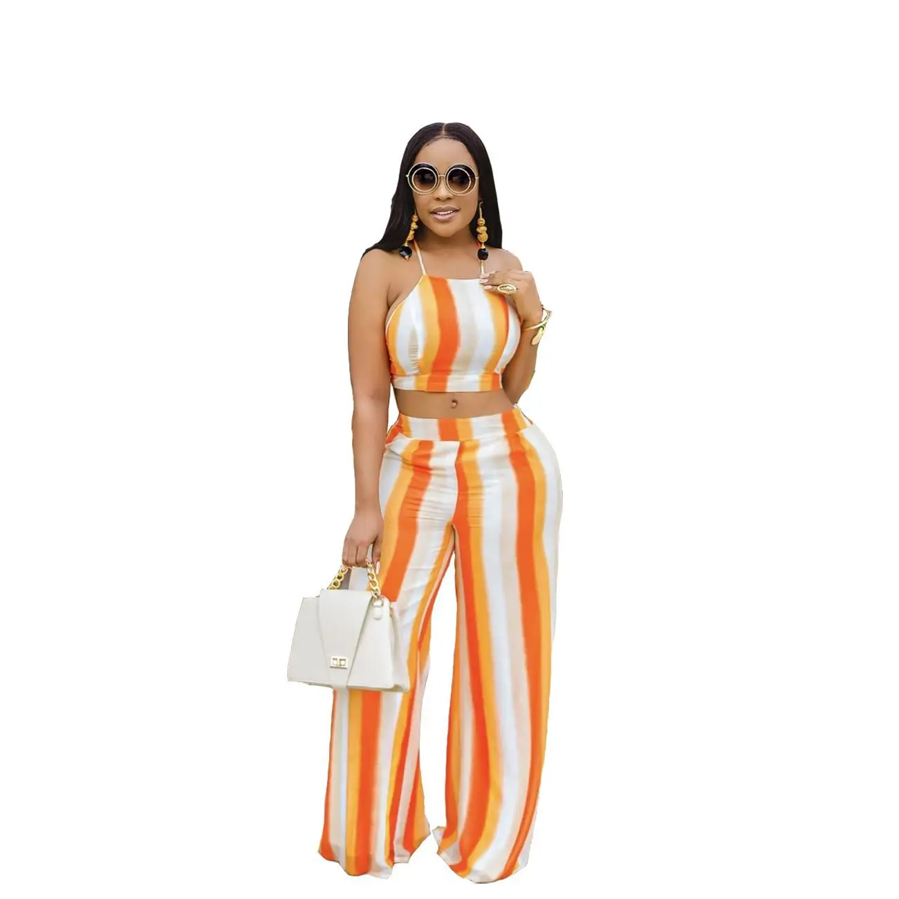 

Stock 2021 new arrivals Women's digital print striped pattern with halter pantsuit womens 2 piece outfit