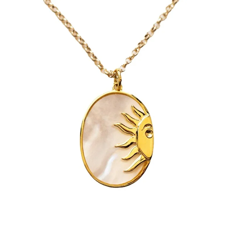 

SC Out of Darkness Engraved Inspirational Necklace 18K Gold Plated Stainless Steel Necklace Oval Sun Shell Pendant Necklace